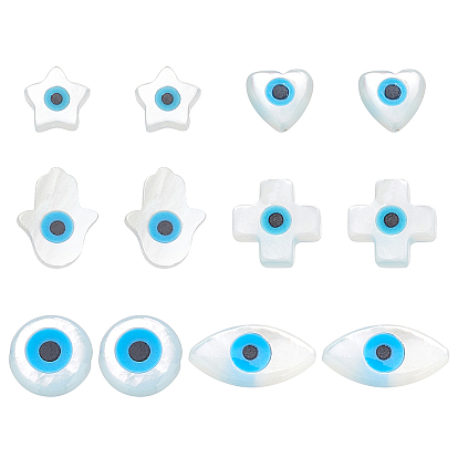 12Pcs 6 Style Natural White Shell Mother of Pearl Shell Beads, with Synthetic Turquoise, Evil Eye & Heart & Star & Cross & Hand of Miriam