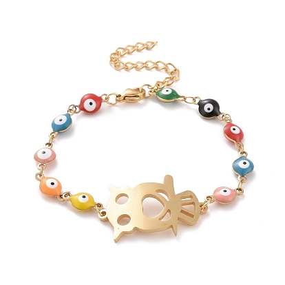 Вакуумное покрытие pvd 304 браслет из нержавеющей стали в форме совы, красочный эмалевый браслет с цепями от сглаза для женщин