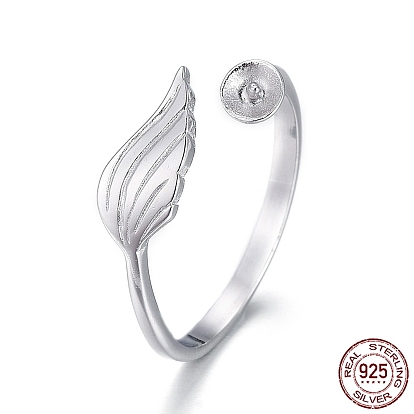 925 Sterling Silver Cuff Rings, Design Ring Mounts Fittings with Pearl Seat, For Half Drilled Beads, Leaf, Carved 925
