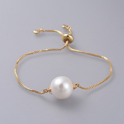 Adjustable Brass Slider Bracelets, Bolo Bracelets, with Plastic Imitation Pearl Beads, Cubic Zirconia and Box Chain