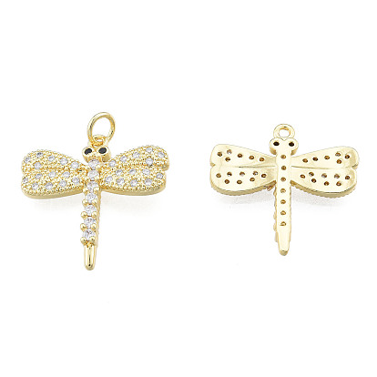 Brass Micro Pave Clear Cubic Zirconia Pendants, with Brass Jump Rings, Nickel Free, Dragonfly