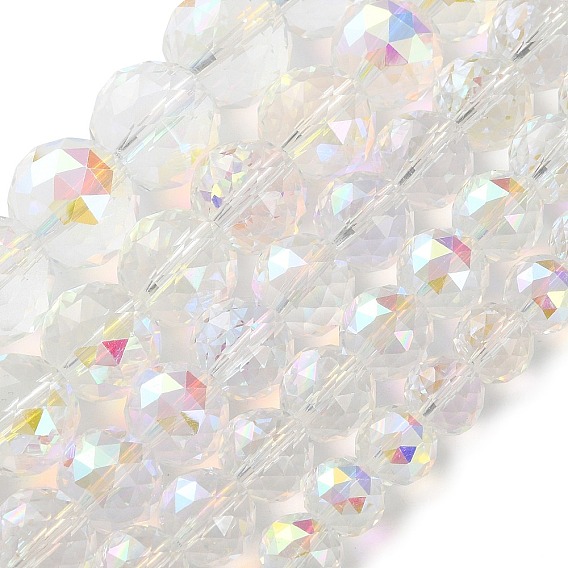 Прозрачные стеклянные бусины гальваническим пряди, круглые, с половиным покрытием цвета радуги, граненые