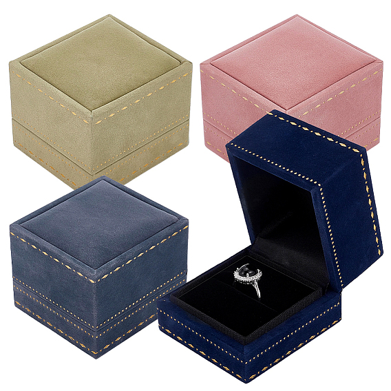 4 piezas 4 colores cajas de embalaje de terciopelo para anillos, cuadrado con costuras doradas