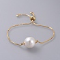 Adjustable Brass Slider Bracelets, Bolo Bracelets, with Plastic Imitation Pearl Beads, Cubic Zirconia and Box Chain