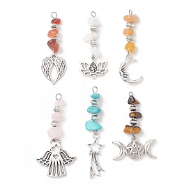 18Pcs 6 Colors Synthetic Turquoise & Natural Rose Quartz & Tiger Eye & Quartz Crystal & Red Aventurine & Agate Chip Beaded Big Pendants, Alloy Charms, Mixed Shapes, Mixed Dyed and Undyed