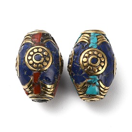 Perles de style à la main tibétains, avec des résultats en laiton et turquoise synthétique, Or antique, baril