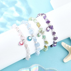 4 шт. 4 стили браслеты на ногу с бусинами из сплава, эмали и ракушки, белые круглые ракушки с жемчугом, натуральным розовым кварцем, цветком амазонита, окрашенным аквамарином и аметистом, разноцветные