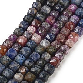 Natural Red Corundum/Ruby and Sapphire Beads Strands, Faceted, Cube