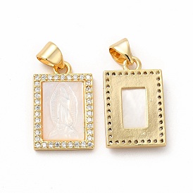 Rack Plating Brass Micro Pave Cubic Zirconia Pendants, with Shell, Long-Lasting Plated, Cadmium Free & Lead Free, Rectangle with Religion Virgin Mary Pattern Charm