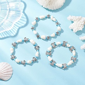 3Pcs Ocean Theme Natural Shell & Alloy Beaded Stretch Bracelets for Men Women, Crab & Starfish & Turtle