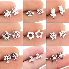 Minimalist Stainless Steel Snowflake Earrings with Hollow Flower and Tree of Life Design
