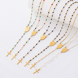 Colliers de chapelets vintage en résine, 304 Colliers pendentifs croix religieuse en acier inoxydable pour femmes, or