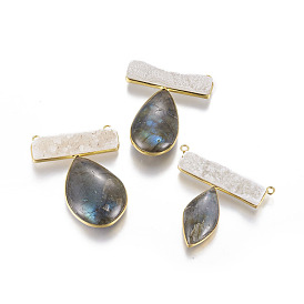 Natural Labradorite Pendants, with Natural Druzy Agate and Brass Findings, Drop
