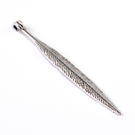 Feather Tibetan Style Alloy Big Pendants, Lead Free & Cadmium Free, 56.5x5.8x4.5mm, Hole: 2mm