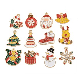 Christmas Theme Alloy Enamel Pendants, Light Gold, Lead Free & Cadmium Free, Christmas Wreath/Santa Claus/Tree/Bell