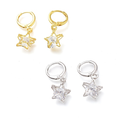 Brass Huggie Hoop Earrings, with Clear Cubic Zirconia, Star