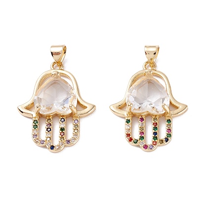 Brass Micro Pave Cubic Zirconia Pendants, Long-Lasting Plated, Palm