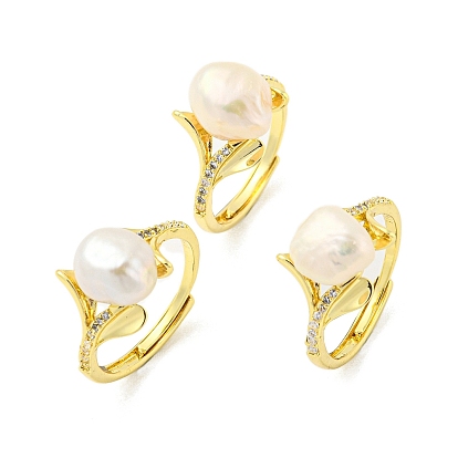 Natural Pearl Flower of Life Adjustable Ring, Brass Finger Ring with Cubic Zirconia