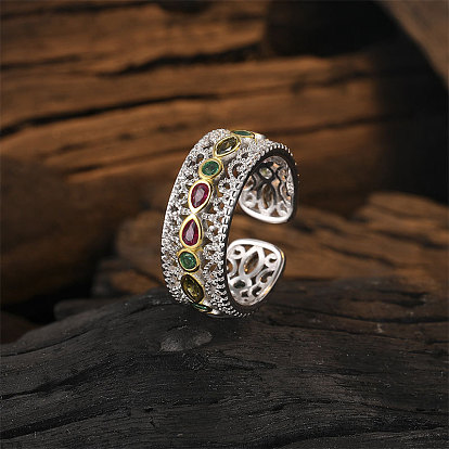 Vintage Court Style Brass Micro Pave Cubic Zirconia Open Cuff Rings for Women, Teardrop