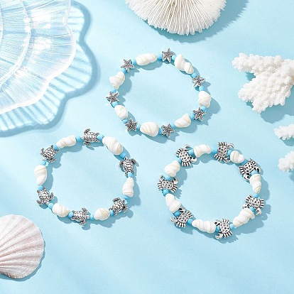 3шт. эластичные браслеты из натуральных ракушек и сплава с бусинами в морском стиле для мужчин и женщин, краб, морская звезда и черепаха
