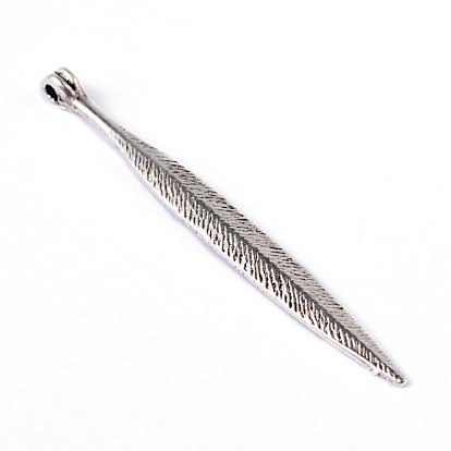 Feather Tibetan Style Alloy Big Pendants, Lead Free & Cadmium Free, 56.5x5.8x4.5mm, Hole: 2mm