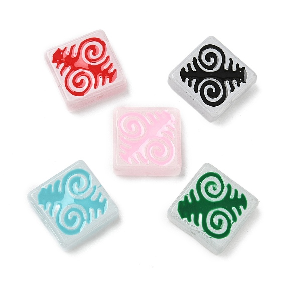 Выпечка окрашенные стеклянные бусины, квадрат с рунами, с эмалью