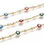 Handmade Brass Link Chains, with Enamel and Spool, Soldered, Long-Lasting Plated, Flat Round with Evil Eye & Star, Colorful