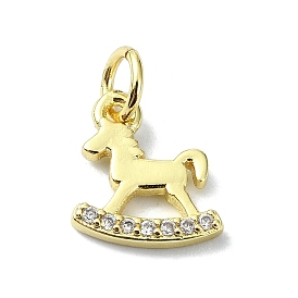Brass Micro Pave Claer Cubic Zirconia Charms, with Jump Ring, Wooden Horse Shape