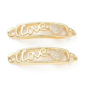 Brass Micro Pave Clear Cubic Zirconia Links Connectors, Long-Lasting Plated, for Valentine's Day, Rectangle with Heart & LOVE