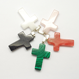 Gemstone Pendants, with Brass Clasps, Mixed Style, Cross, Mixed Stone, 45x28x7mm, Hole: 9x4mm