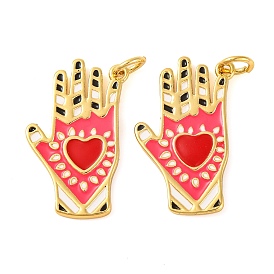 Rack Plating Brass Enamel Pendants, with Jump Ring, Long-Lasting Plated, Hand with Heart Charm