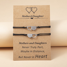 Stainless Steel Heart Wax Cord Adjustable Mother's Day Parent-Child Card Bracelet Set