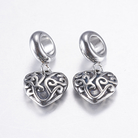 304 Stainless Steel European Dangle Charms, Heart, Large Hole Pendants