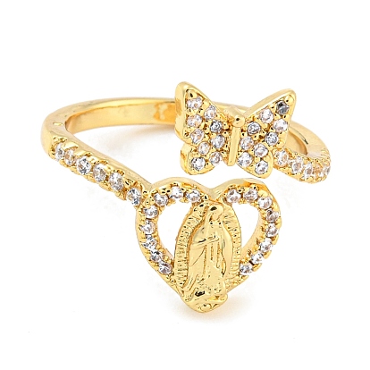 Butterfly & Heart Brass Micro Pave Cubic Zirconia Open Cuff Rings, Long-Lasting Plated, Cadmium Free & Lead Free