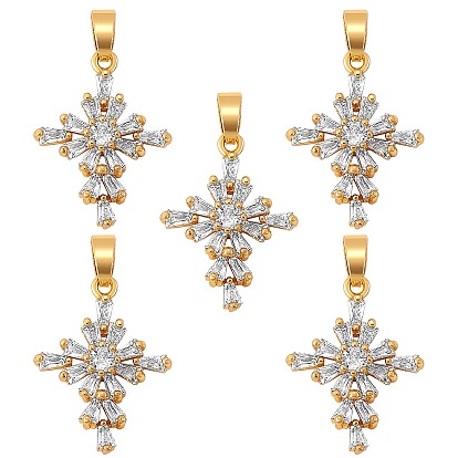 5Pcs Brass Micro Pave Clear Cubic Zirconia Pendants, Nickel Free, Cross