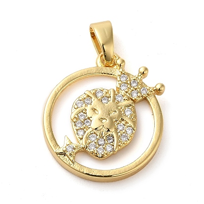 Micro pavé de latón con circonita cúbica transparente y colgantes acrílicos., anillo con dijes de cabeza de león