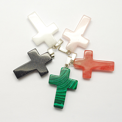 Gemstone Pendants, with Brass Clasps, Mixed Style, Cross, Mixed Stone, 45x28x7mm, Hole: 9x4mm