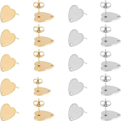 20 шт. 2 цвета ионное покрытие (ip) 304 фурнитура для сережек-гвоздиков из нержавеющей стали, с ушными гайками / серьгами и отверстием, формы сердца