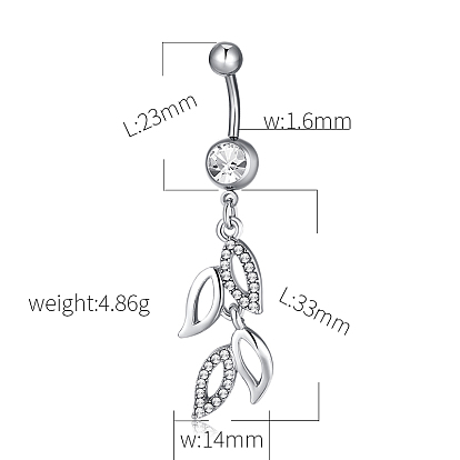 Piercing Jewelry, Brass Cubic Zirconia Navel Ring, Belly Rings, with 304 Stainless Steel Bar, Lead Free & Cadmium Free, Leaf