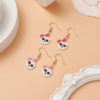Glass Seed Braided Skull with Flower Dangle Earrings, Golden Brass Halloween Theme Drop Earrings for Women
