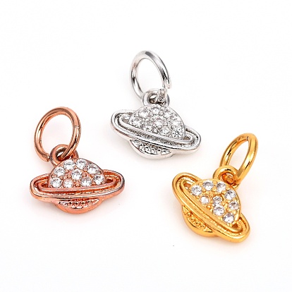 Brass Micro Pave Clear Cubic Zirconia Universe Space Charms, Cadmium Free & Lead Free, Long-Lasting Plated, Planet