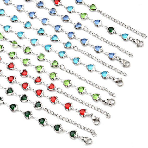 304 ожерелья-цепочки в виде сердечек из нержавеющей стали и стекла, цвет нержавеющей стали