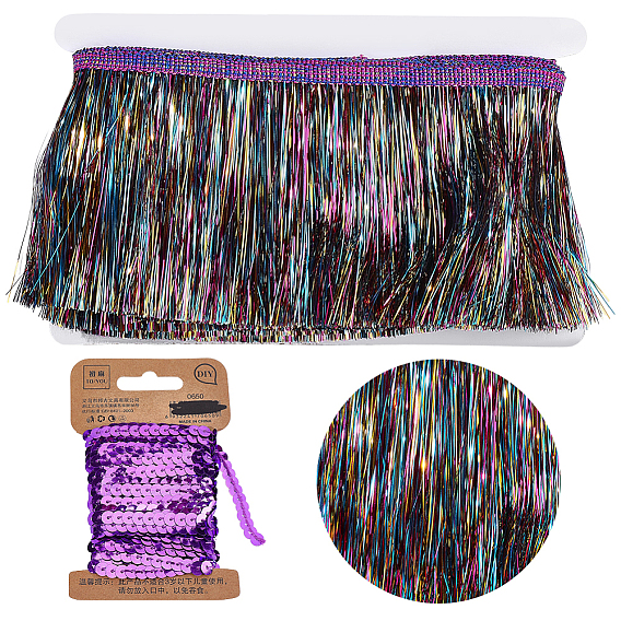5M Polyester Tinsel Tassel Trimming, Tinsel Fringe, for DIY Craft Sewing Accessories, with 1Roll Sparkle PET Paillette Lace Ribbon