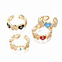 Brass Micro Pave Clear Cubic Zirconia Cuff Rings, Open Rings, with Enamel, Nickel Free, Heart with Evil Eye, Real 16K Gold Plated
