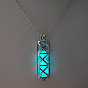 Alloy Column Cage Pendant Necklace with Luminous Beads, Glow In The Dark Jewelry for Women Men