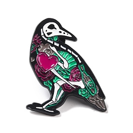 Skeleton Parrot with Heart Enamel Pin for Halloween, Animal Alloy Badge for Backpack Clothing, Electrophoresis Black