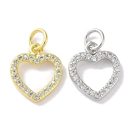 Rack Plating Brass Micro Pave Clear Cubic Zirconia Pendants, Long-Lasting Plated, Lead Free & Cadmium Free, Heart
