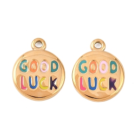 304 подвески из нержавеющей стали, раунд со словом удачи, с эмалью, ионное покрытие (ip)