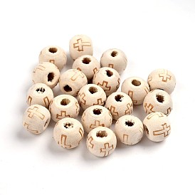 Natural Round Wood Beads, Unfinished Wooden Spacer Beads, with Cross Pattern, Lead Free, Undyed