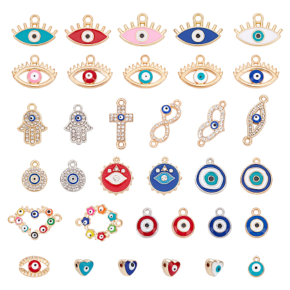 30Pcs 12 Styles Alloy Enamel Pendants & 4Pcs 4 Styles Alloy Links, with Rhinestone, Enamel and Evil Eye